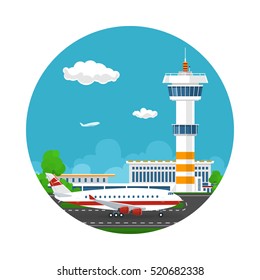 Arrivals at Airport, Icon Control Tower and Airplane on the Background of the City, Travel and Tourism Concept , Air Travel and Transportation, Vector Illustration 