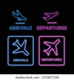 arrivals and departures collection neon signboard vector design