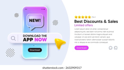 Arrivals mobile phone banner. App chat speech bubble. New tag. Special offer sign. New arrival symbol. Phone template with search bar. Download the app now. Vector