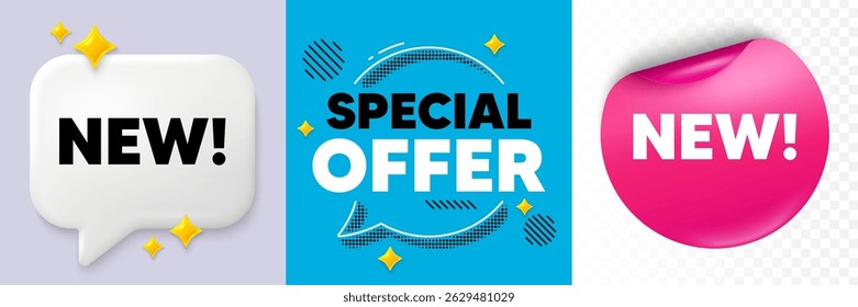 Bolha de fala de chegadas. 3d brilhos bate-papo, adesivo de papel. Nova marca. Sinal de oferta especial. Novo símbolo de chegada. Bolha de oferta especial. Padrão de pontos de meio-tom. Vetor