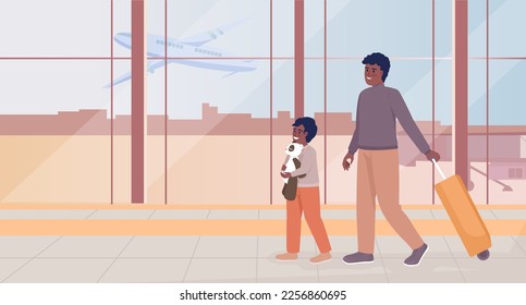 Arrive at airport for flight flat color vector illustration. Small boy with toy and father with valise walking. Fully editable 2D simple cartoon characters with airport terminal interior on background