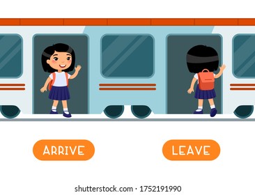 ARRIVE and LEAVE antonyms word card vector template. Flashcard for english language learning. Opposites concept. Schoollgirl getting off train, entering train. Train arrival, departure. 