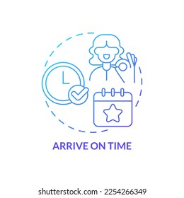 Llegar a tiempo icono de concepto de degradado azul. Puntualidad. Regla de etiqueta de evento de negocios común de idea abstracta ilustración de línea delgada. Dibujo de contorno aislado. Se usa una fuente Myriad Pro-Bold