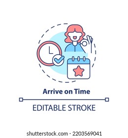 Arrive on time concept icon. Common business event etiquette rule abstract idea thin line illustration. Isolated outline drawing. Editable stroke. Arial, Myriad Pro-Bold fonts used