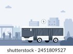 Arrived electric bus with passengers and people waiting at a public transport stop. Cityscape with suburban station. Vector illustration for city transportation, commuters, and urban life concept.