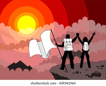 Arrived on the destination illustration and backpack emphasized. Couple on top of a mountain with panoramic view in sunset and waving a flag 