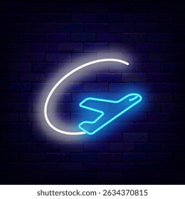 Chegou a etiqueta de néon do avião. Tire o jato na parede de tijolos. Símbolo do aeroporto. Passageiro de voo. Ilustração de estoque vetorial