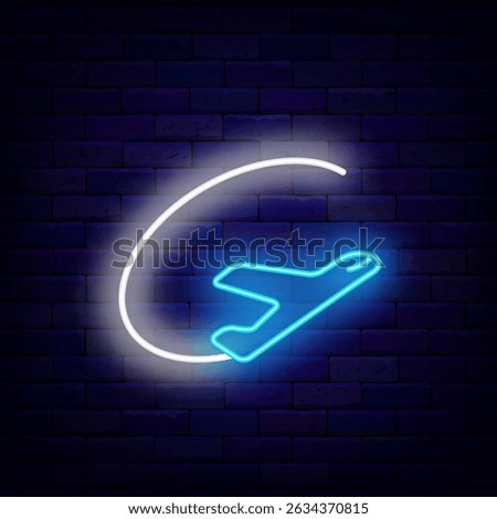 Arrived plane neon label. Take off jet on brick wall. Airport symbol. Flight passenger. Vector stock illustration