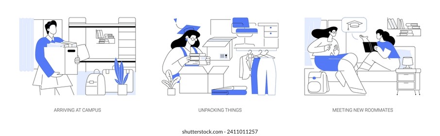 Arriving to campus isolated cartoon vector illustrations set. Smiling student comes in dormitory, unpacking things in new room, meeting roommates, college first academic year vector cartoon.