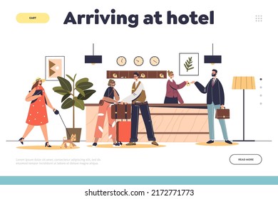 Arriving at hotel concept of landing page with lobby or reception hall interior and guest check in and talk to receptionists and bellboy. Visitors in hotel corridor. Cartoon flat vector illustration