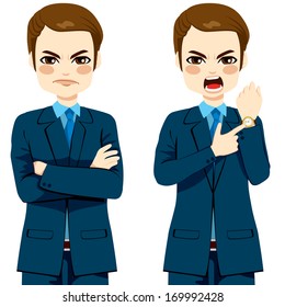 Arriving late concept, angry businessman pointing finger to his wristwatch showing the time and yelling