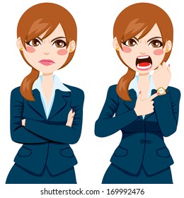 Arriving late concept, angry businesswoman pointing finger to her wristwatch showing the time and yelling