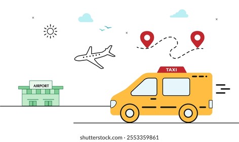 arriving man  woman.  Flying away man  woman.  taxi arriving. car. flight airplane airport. Vector design.