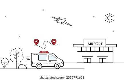 arriving man  woman.  Flying away man  woman.  taxi arriving. car. flight airplane airport. Vector design.