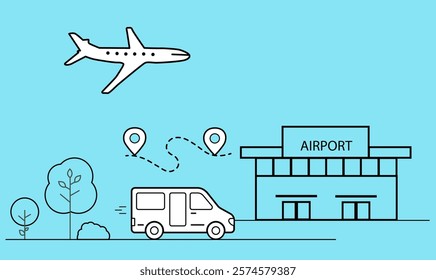 arriving man  woman.  Flying away man  woman.  taxi arriving. car. flight airplane airport. Vector design.