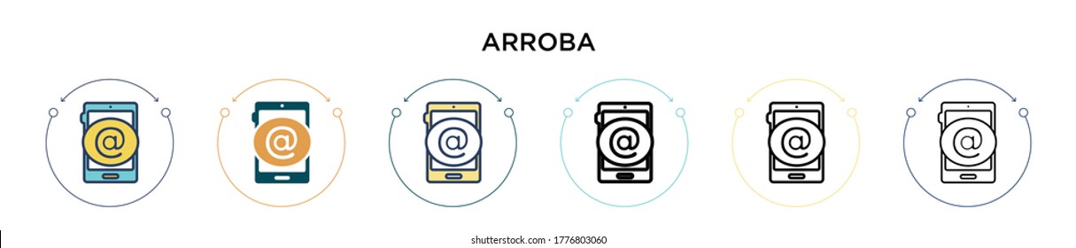 Arroba icon in filled, thin line, outline and stroke style. Vector illustration of two colored and black arroba vector icons designs can be used for mobile, ui, web