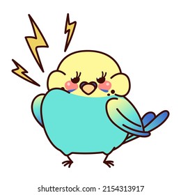 Arrogant And Angry Parrot. Cartoon Blue Budgie. Kawaii Vector Sticker Isolated On A White Background.