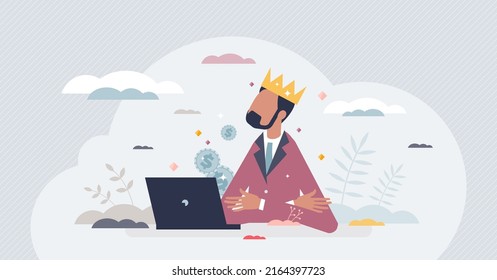 Arrogant employee or autocratic business leader behavior tiny person concept. Businessman character with dominate personality and unpleasant attitude vector illustration. Rich and annoying worker.