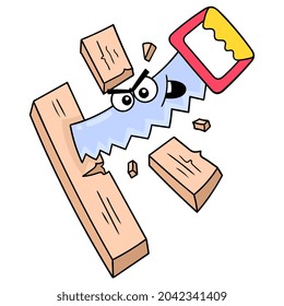 Arrogant Faced Saw Cutting Wood, Vector Illustration Art. Doodle Icon Image Kawaii.