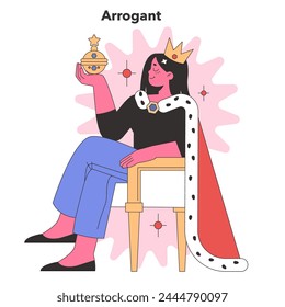 Arrogant Personality depiction. A smug figure with a crown, embodying superiority and self-importance. Flat vector illustration