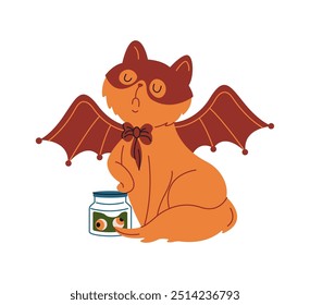 Gato rojo arrogante con alas de remolacha y frasco de ojos de color Ilustración vectorial plana. Animal en traje de vampiro icono de personaje de Halloween en blanco