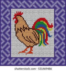 Arrogant Red Rooster with multicolor tail in blue ornamental frame, knitted vector pattern as a fabric texture
