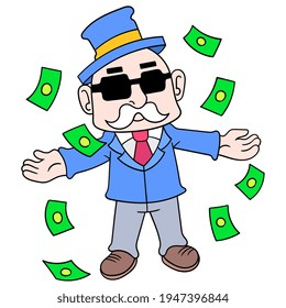 Arrogant Rich Old Man Is Splurging On Dollars, Vector Illustration Art. Doodle Icon Image Kawaii.