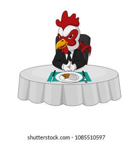 Arrogant Rooster Boss character eats at the dinner table alone. Vector Illustration