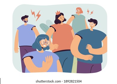 Arrogant selfish person in crown making group of people annoyed and angry. Lonely girl having behavior problems. Vector illustration for aggressive society, bad communication concept