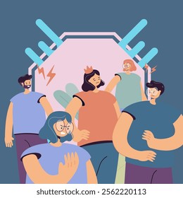 Arrogant selfish person in crown making group of people annoyed and angry. Lonely girl having behavior problems. Vector illustration for aggressive society, bad communication concept