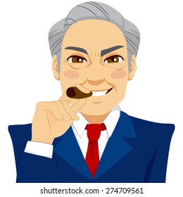 Arrogant senior businessman smoking cigar happy smiling