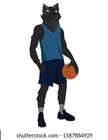 An arrogant wolf stands with a basketball. Vector illustration isolated on a white background.