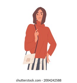 Mujer arrogante con expresión negativa molesta y confusa. Persona irritada con una mirada paternalista insensata mostrando negligencia y desprecio. Ilustración vectorial plana aislada en fondo blanco