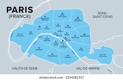 Arrondissements of Paris, capital of France, Europe, political map. Paris is divided into 20 municipal arrondissements. They spiral outwards clockwise, starting with Louvre, the first arrondissement.