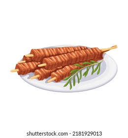 Arrosticini, grill food in cuisine of Italy vector illustration. Cartoon isolated glass plate with grilled diced lamb meat on skewers and rosemary leaves, meat dish from Italian region of Abruzzo