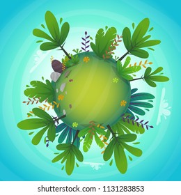 arround the world circular panorama park forest view miniature planet concept with grass field . green peace nature , plants and flowers . ecology concept illustration . funny cheerful landscape