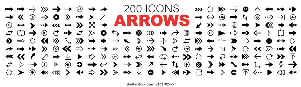 Conjunto de iconos de Arrow 200. Flecha. Cursor. Señal de flechas diferentes de la colección. Iconos de flechas vectoriales negras. Modernas flechas simples. Ilustración vectorial.