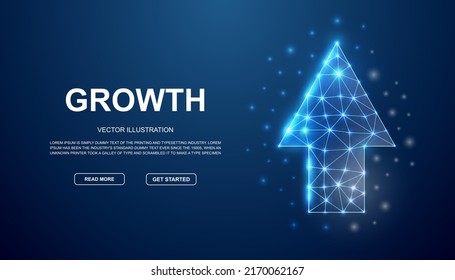 Up arrow 3d low poly symbol with connected dots for blue landing page. Growth design illustration concept. Polygonal Business goal illustration