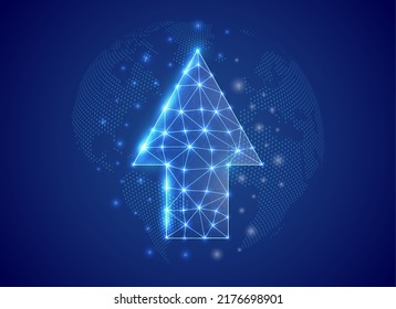 Up arrow 3d low poly symbol with blue world map background. Growth concept design illustration. Business goal polygonal symbol with connected dots