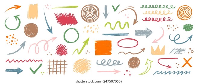 Arrow abstract brush line stroke color vector set. Kid color paint square, spiral, arrow element shape scribble line brush hand drawn sketch design. Grunge abstract chalk, crayon pencil style. Vector