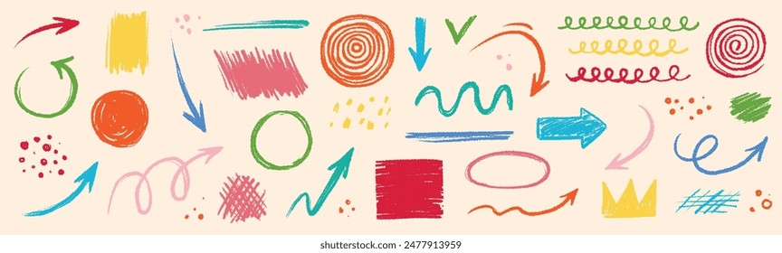 Arrow abstract brush line stroke color vector set. Kid color paint square, spiral, arrow element shape scribble line brush hand drawn sketch design. Grunge abstract chalk, crayon pencil style. Vector