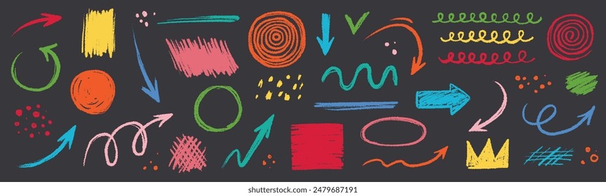 Arrow abstract brush line stroke color vector set. Kid color paint square, spiral, arrow element shape scribble line brush hand drawn sketch design. Grunge abstract chalk, crayon pencil style. Vector