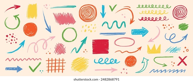 Arrow abstract brush line stroke color vector set. Kid color paint square, spiral, arrow element shape scribble line brush hand drawn sketch design. Grunge abstract chalk, crayon pencil style. Vector