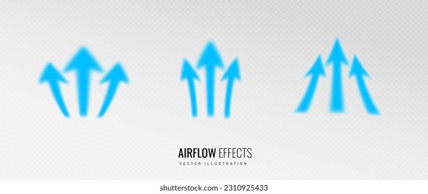 Arrow air flow effect on a transparent background. A set of blue arrows indicating the direction of air flow. Vector illustration of cold air