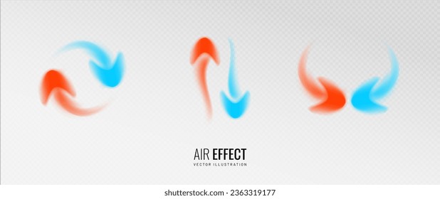 Efecto de flujo de aire de flecha sobre un fondo transparente. Un conjunto de flechas que indican la regulación de la temperatura del flujo de aire. Ilustración del vector