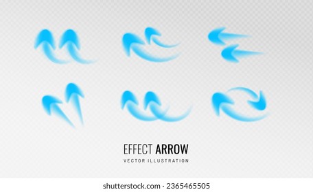 Efecto de flujo de aire de flecha sobre un fondo transparente. Un conjunto de flechas azules que indican la dirección del flujo de aire. Ilustración vectorial del aire frío