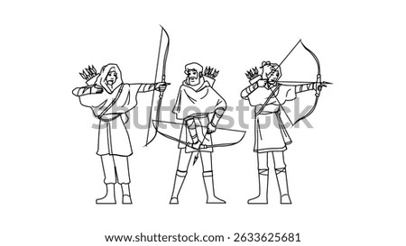 arrow archer medieval vector. y bow, traditional soldier, weapon ancient arrow archer medieval character. people black line pencil drawing illustration