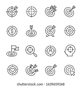 Arrow and archery shooing target, dart and dartboard, goal achievement, aim, business objective, accuracy - bundle of line icons, symbols or pictograms. Modern monochrome linear vector illustration.