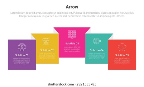 arrow or arrows stage infographics template diagram with box rectangle flip book and 5 point step creative design for slide presentation