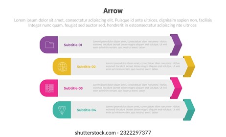 arrow or arrows stage infographics template diagram with long rectangle box unbalance and 4 point step creative design for slide presentation